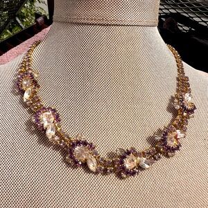 Vintage Purple Rhinestone Statement Necklace Mid-Century Glam Choker / Collar